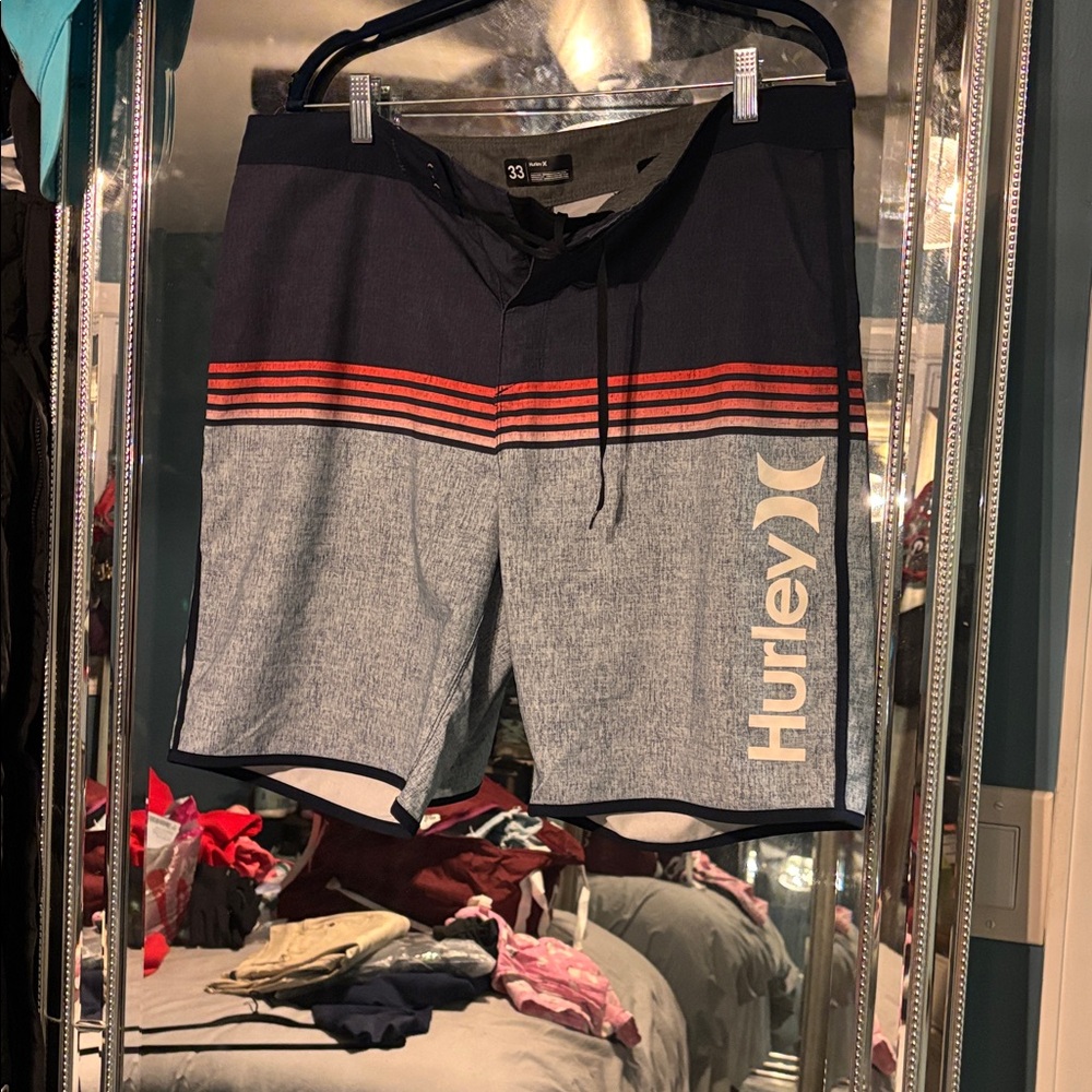 Hurley Navy and Red Striped Board Shorts